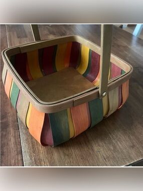 Vintage Multi-Color Wood Slat Squared Basket with Handle